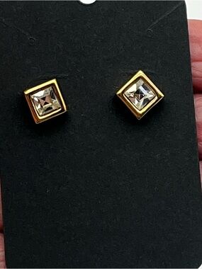 Monet Gold-Tone Square Crystal Stud Earrings Pierced Diamond Shape Small 70's